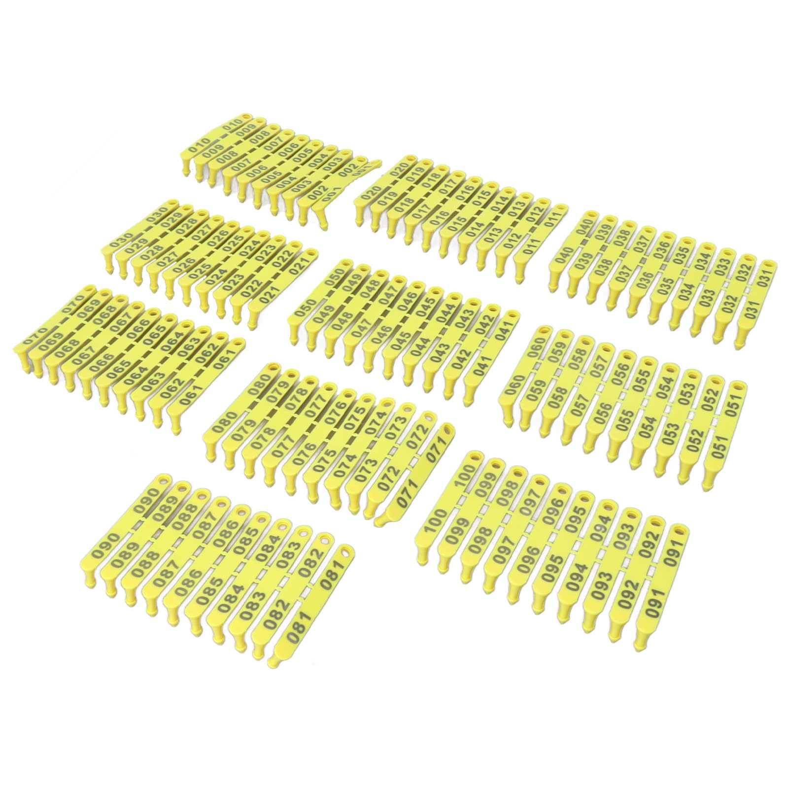 100 Stück Schaf-Ohrmarke mit Buchstaben, Lamm-Ohr, 001–100, Nummer, Kunststoff-Viehmarke, Integriertes, Farbechtes Viehohr für Rinder, Kühe, Schafe, Ziegen – Tieridentifikationsohr