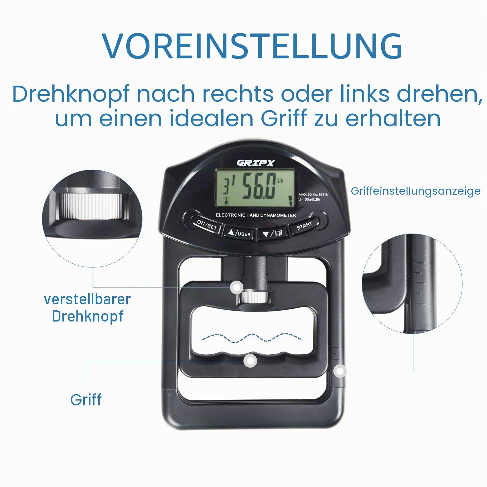 Digitaler Handdynamometer Griffstärke-Messgerät Automatische Erfassung der elektronischen Griffkraft 198 lbs / 90 kg