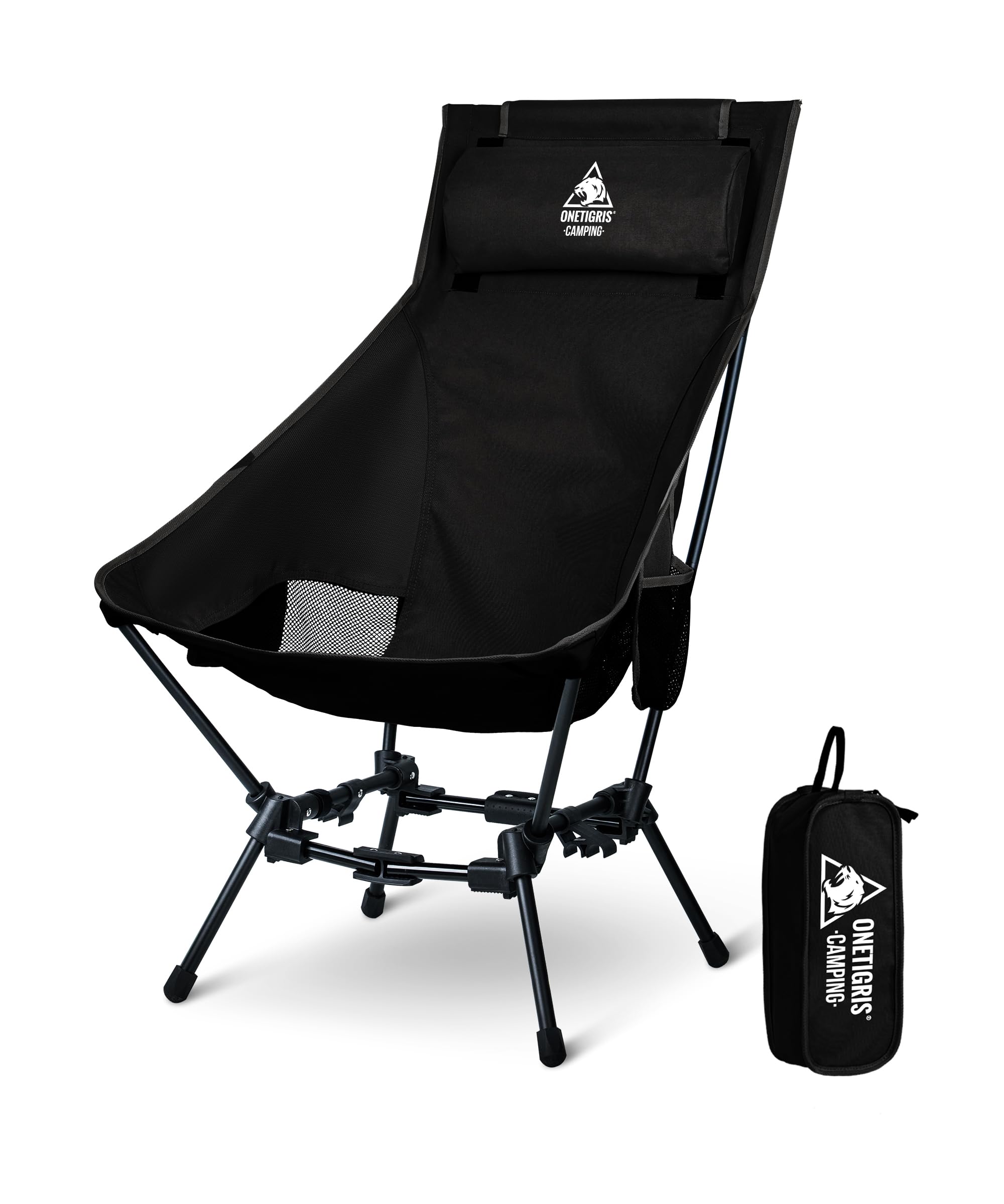 OneTigris DRAGONHIDE Campingstuhl Hochlehner faltbar 125 kg, Klappstuhl Camping leicht, Angelstuhl klappbar mit 2 Seitentaschen, Faltstuhl Ultraleicht für Outdoor, Wandern(Schwarz)