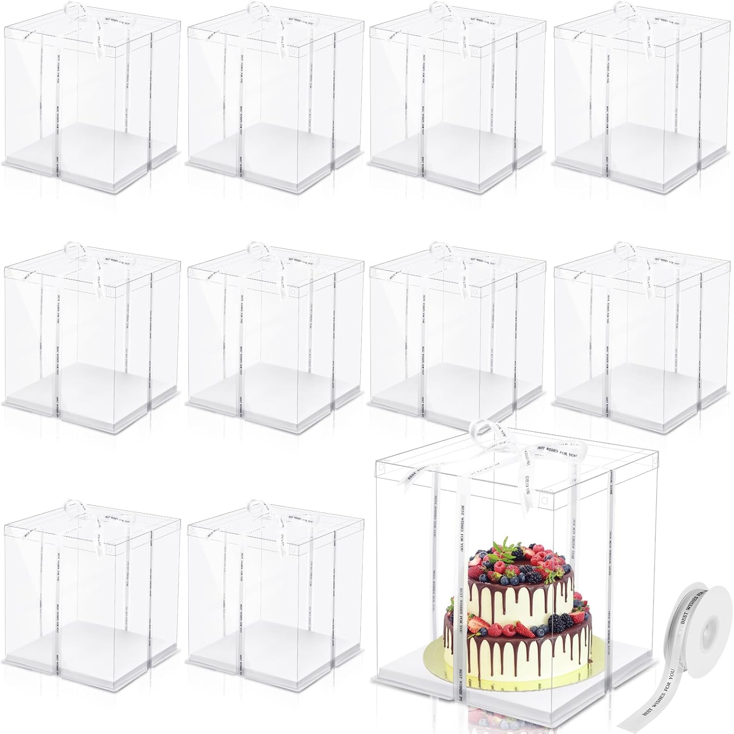 Maxdot 10 Pcs Transparent Tall Cake Boxes 12" x 12" x 14" Large Clear Cake Box with Ribbon Cake Carrier PET Wedding Cake Storage Container Clear Gift Boxes for Party Birthday Dessert Display(Beige)