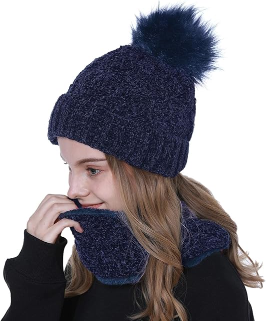 Tacobear Women Winter Pom Beanie Hat and Circle Scarf Set Chenille Knit Warm Winter Hat Loop Infinity Scarfs Neck Warmer Outdoor Ski Snowboard for Ladies and girls