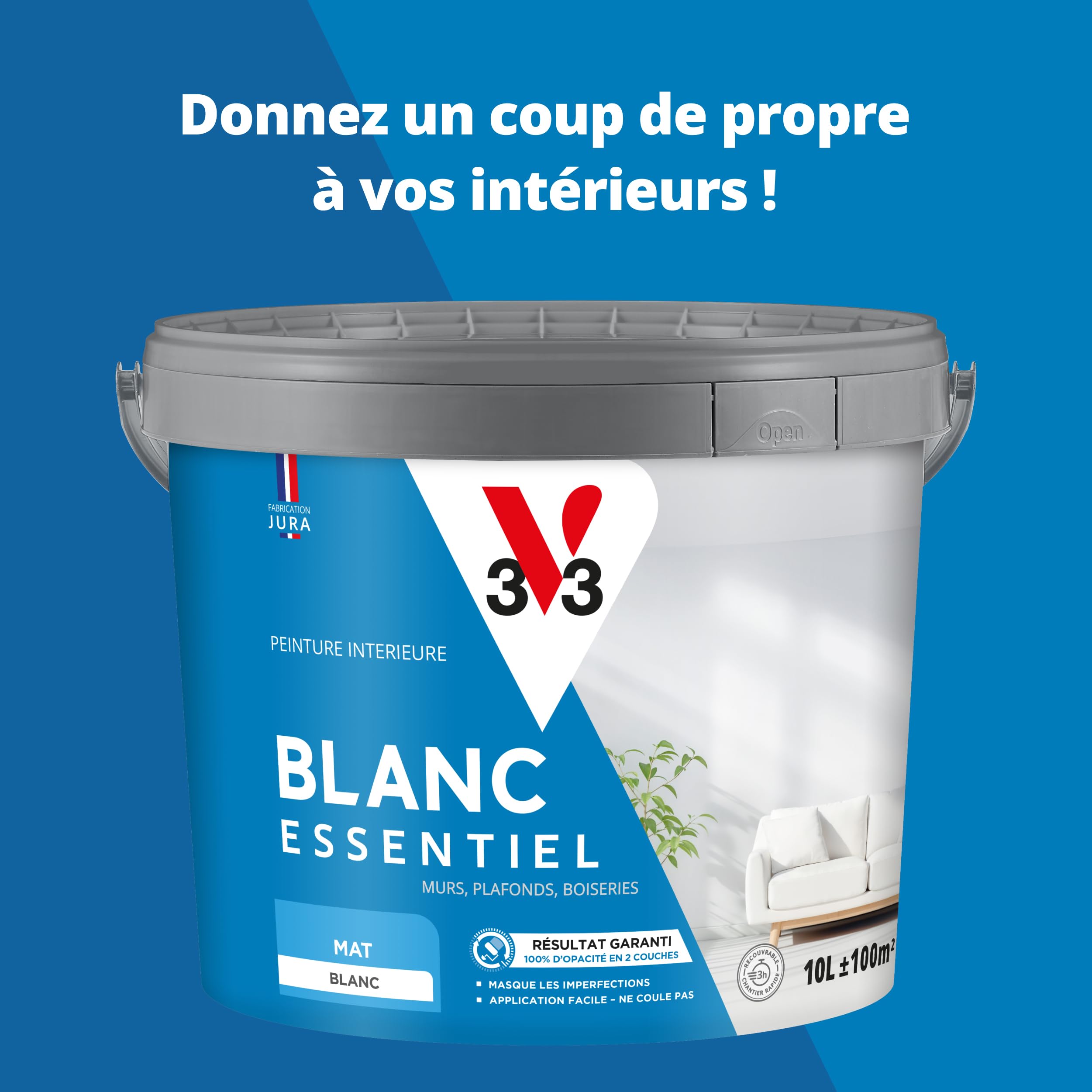 V33 - Blanc Essentiel - Peinture Intérieure - Peinture Murs, Plafonds et Boiseries - Application Rapide & Facile - Couvre en 2 Couches - Chantier Rapide Recouvrable en 3h - Blanc Durable - Velours 10L