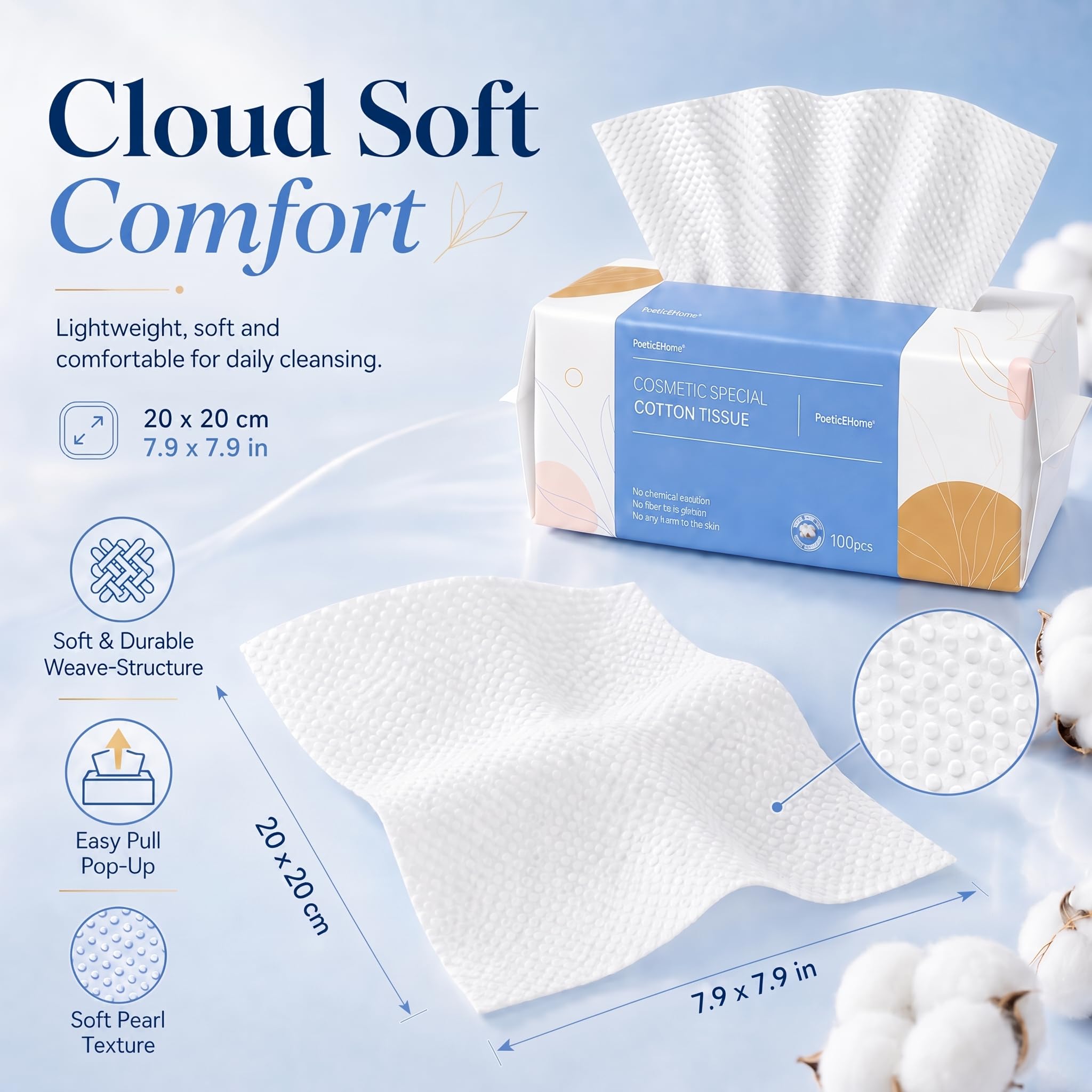 PoeticEHome Toallitas secas extra gruesas – 300 unidades – Libres de pelusa 100% algodón para la cara, toalla seca de uso húmedo para piel sensible, limpieza de superficie, tamaño grande