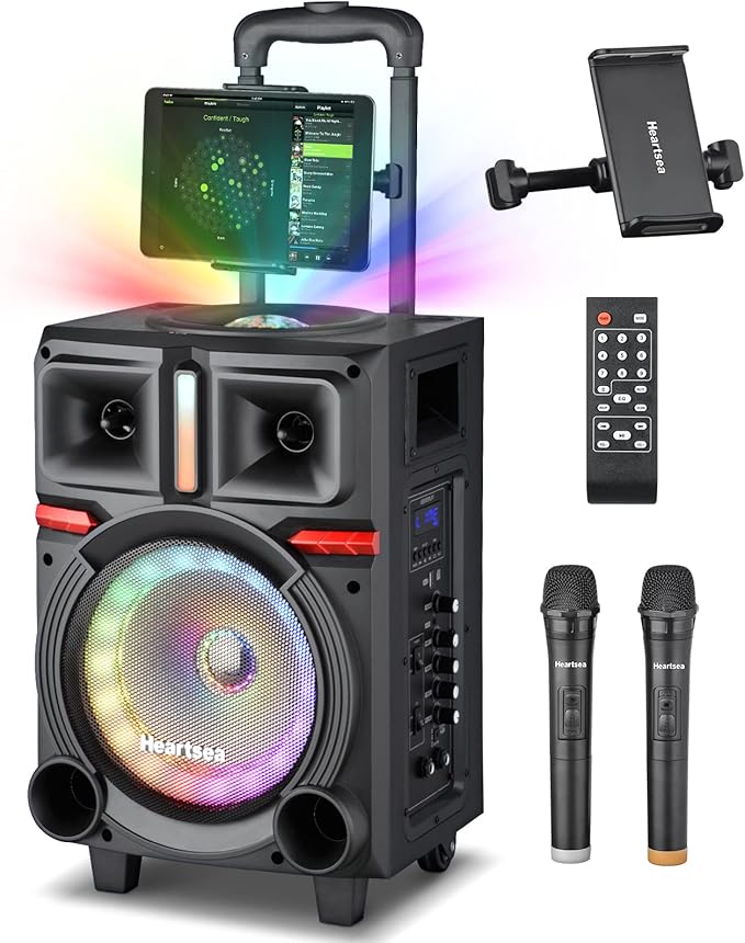 HEARTSEA Karaoke Machine with 2 Wireless Microphones for Adults – Portable Big Bluetooth Party Speaker with Disco Lights, DJ/Outdoor/Home Use, Supports REC/AUX/USB/TF, Rolling Wheels & Trolley