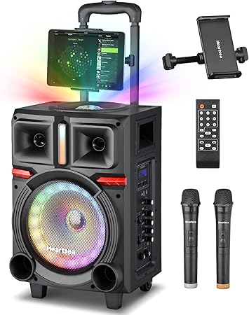 HEARTSEA Karaoke Machine with 2 Wireless Microphones for Adults – Portable Big Bluetooth Party Speaker with Disco Lights, DJ/Outdoor/Home Use, Supports REC/AUX/USB/TF, Rolling Wheels & Trolley
