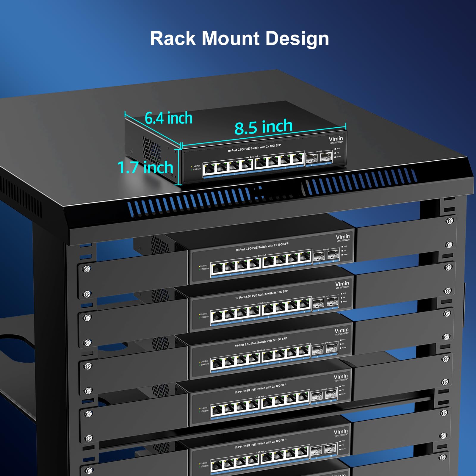VIMIN Switch PoE a 10 porte 2,5G non gestito, 8X 2,5G Base-T PoE @130W+2X 10Gbps SFP, 8 porte PoE Switch con capacità di commutazione Ethernet 80Gbps, supporto IEEE802.3af/at, VLAN, alloggiamento in