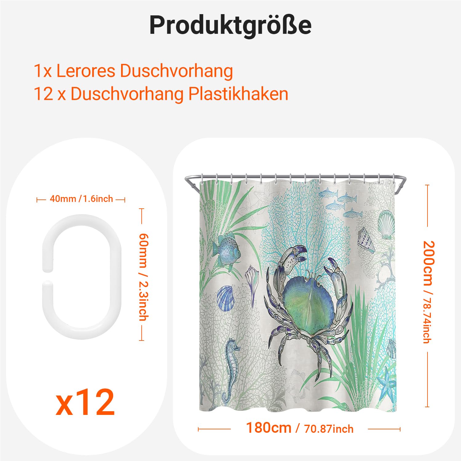Lerores Shower Curtain 180 x 200 cm Crab Motif, Weighted Hem, Anti-Mould Textile, Water-Repellent - Image 2