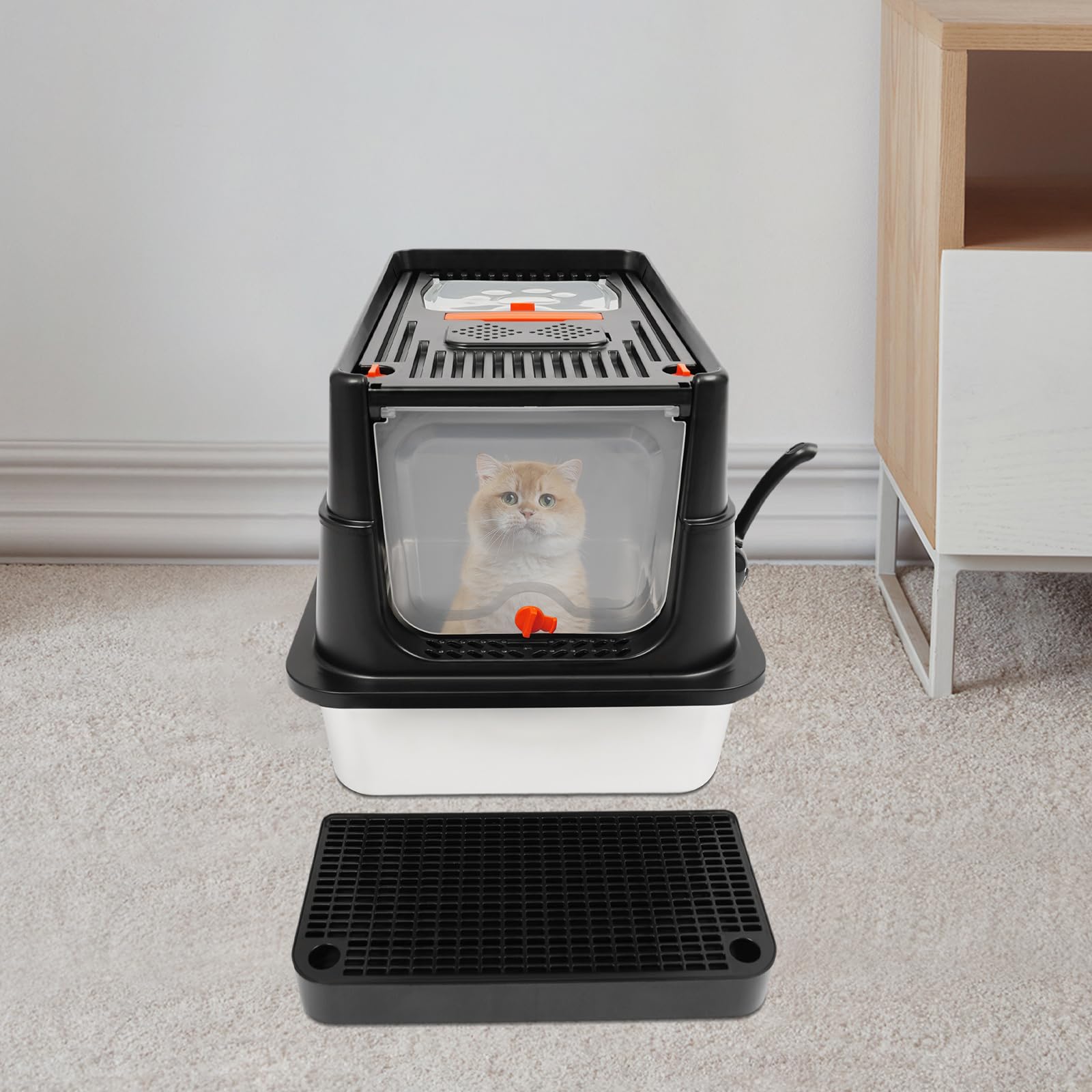 Lettiera chiusa per gatti da 31,2 l, apertura a forma di U, inodore, facile da pulire, robusta in acciaio inox/PP/ABS, per gatti fino a 15 kg, con pedale, paletta e pastiglie Grippy (nero)