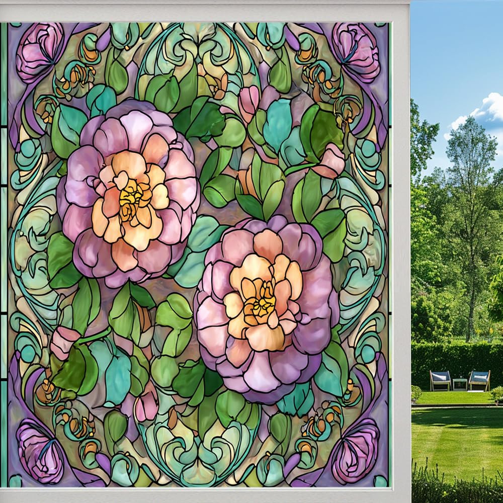 Abstract Camellias Frosted Window Film, Colorful Floral Green Leaf Plants Stained Glass Privacy Film, Heat Insulation Self-Adhesive Vinyl for Bathroom Office, （50x80cm）