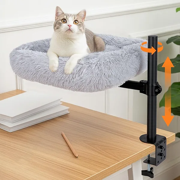 Large Cat Desk Bed - 360°Rotating Height Adjustable, Soft Removable Cat Hammock Bed, Suitable for Gaming Desks and Office Desks, Maximum Weight Capacity Up to 35 lbs