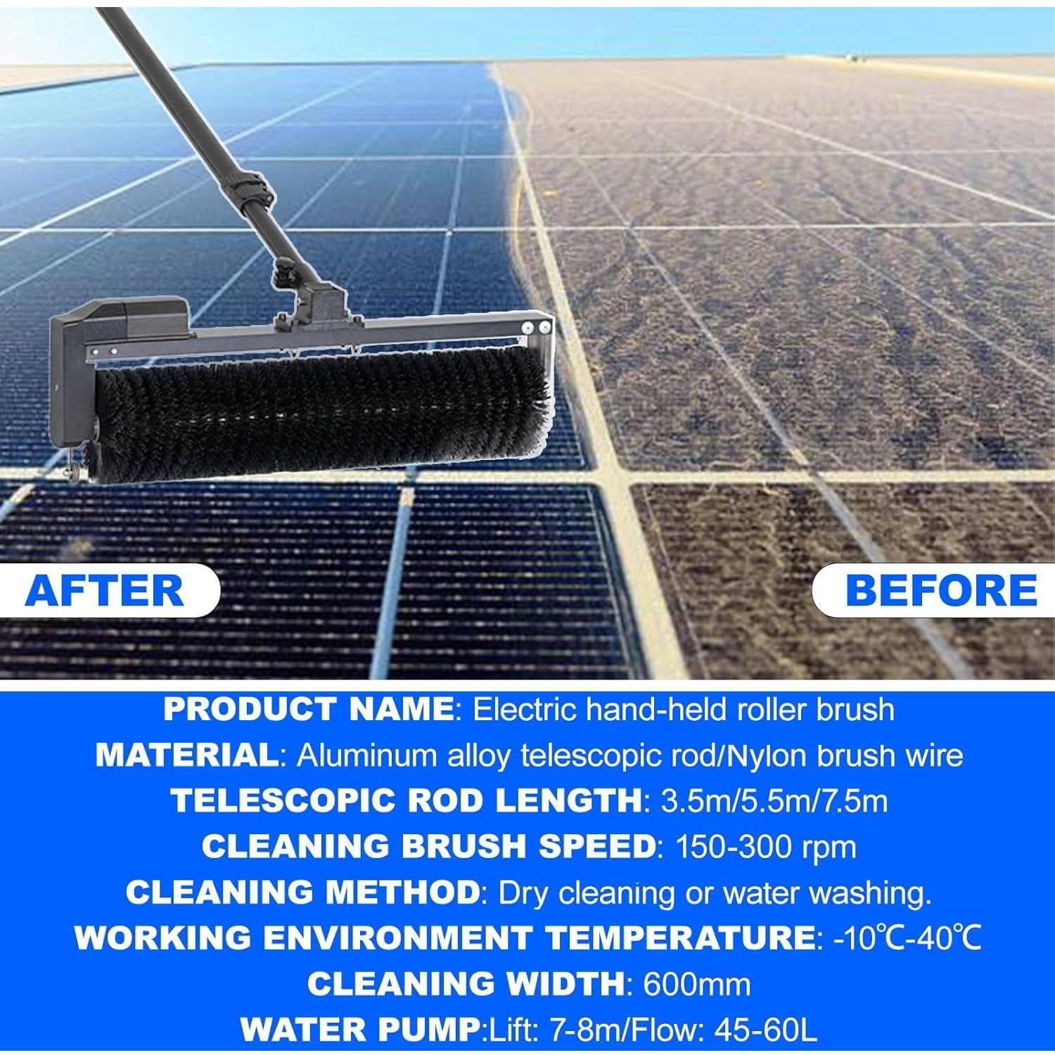 Cepillo de limpieza de paneles solares con cabezal giratorio automático y poste ajustable para un mantenimiento fotovoltaico eficiente (750 cm)