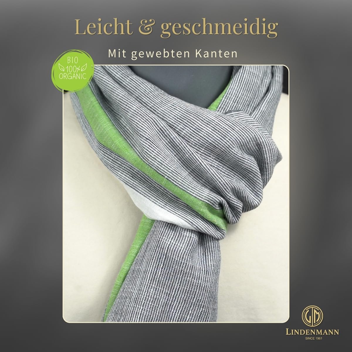 LINDENMANN Schal Herren grün/Herren-Schal dünn 100% BIO Baumwolle, Herren-Schal grün