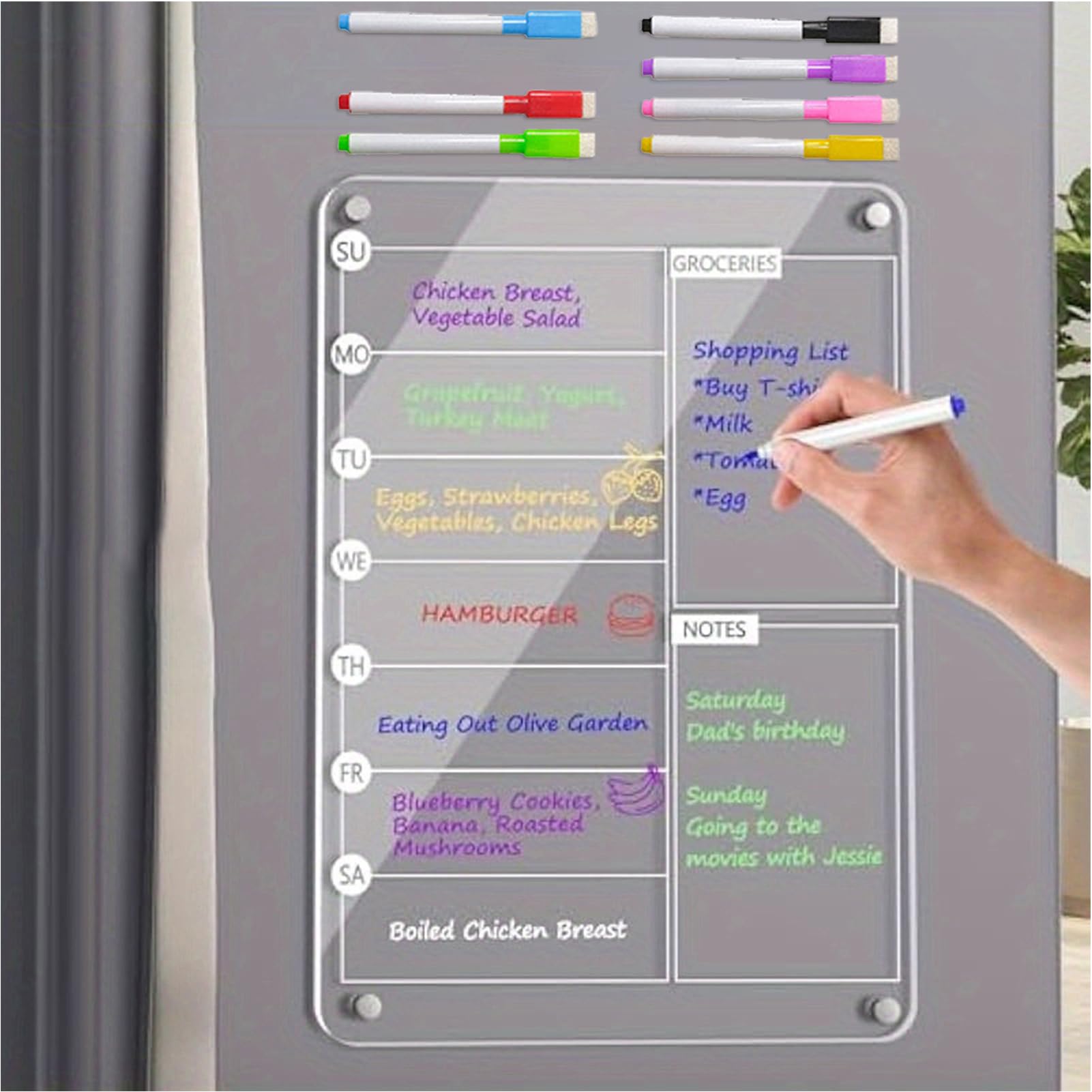 Acrylic Meal Planner, Magnetic Whiteboard Weekly Planner with 8 Markers, Erasable Note Board for Shopping List, Chore Chart