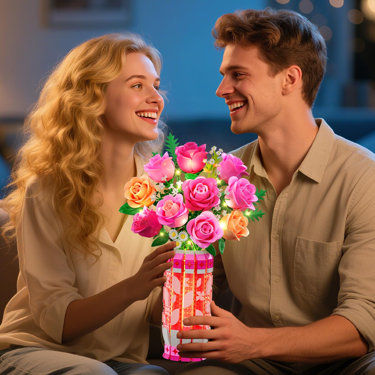 CUBIMANA Romantic Pink Roses Bouquet Building Set including Vase & LED Light, 845PCS Flowers Botanical Building Blocks Toys - Image 3