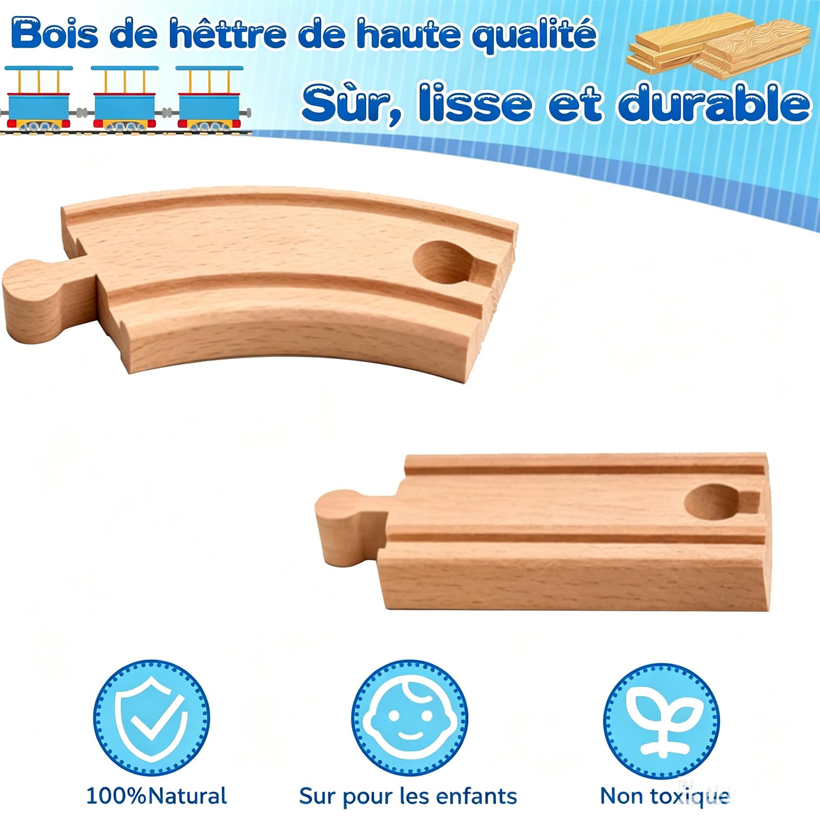 Coffret d‘Extension de Rails en Bois 25 pièces pour Circuit de Train - Train en Enfant 3 Ans et Plus - Pièces Droites et Courbes en Bois de Hêtre - Compatible avec Les Principales Marques