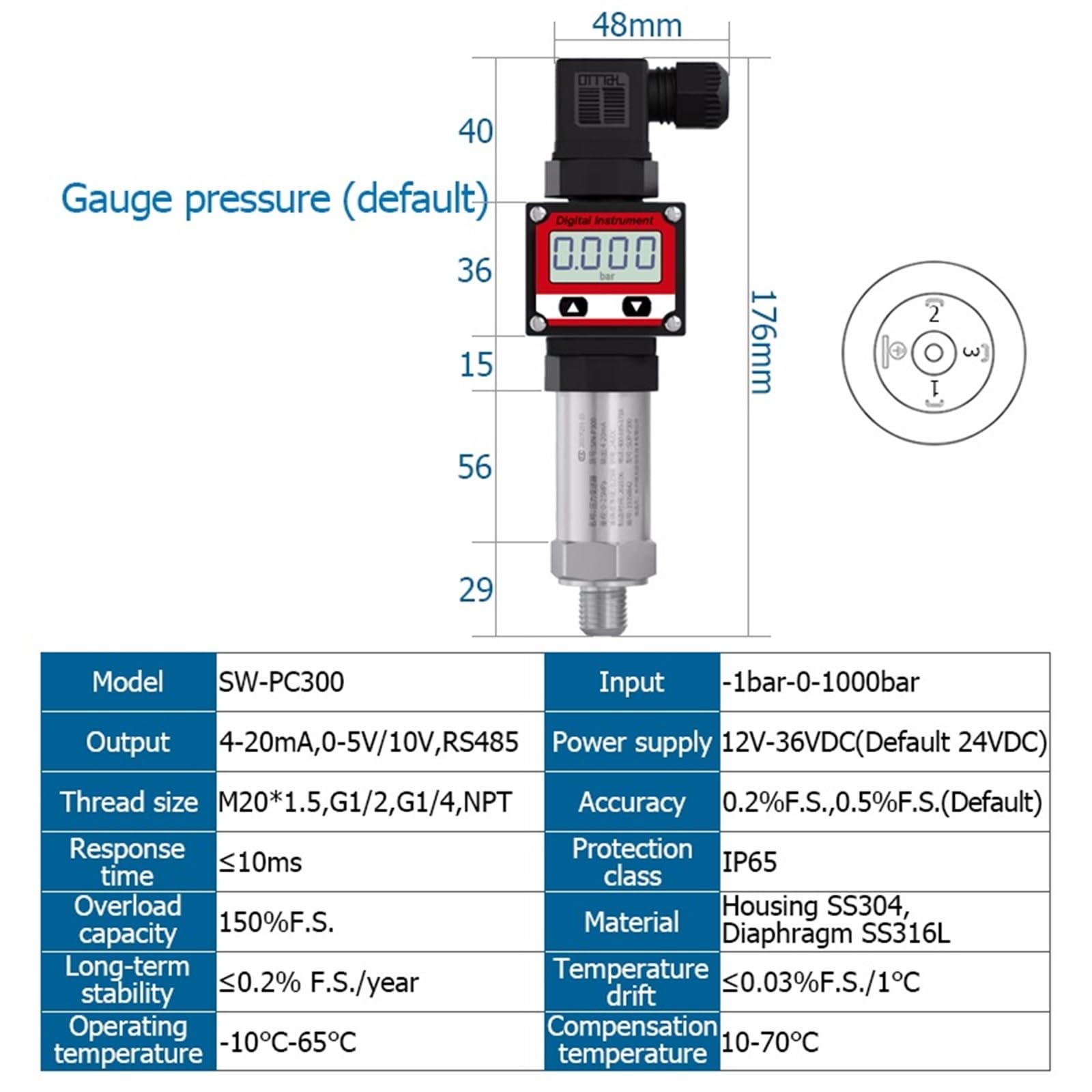 Transmisor de presión con pantalla LCD, salida RS485 4-20 mA, 0-5 V, 10, for agua, gas y aceite. Sensor Transductor vacío negativo Alta precisión(M20*1.5,0～6MPA)