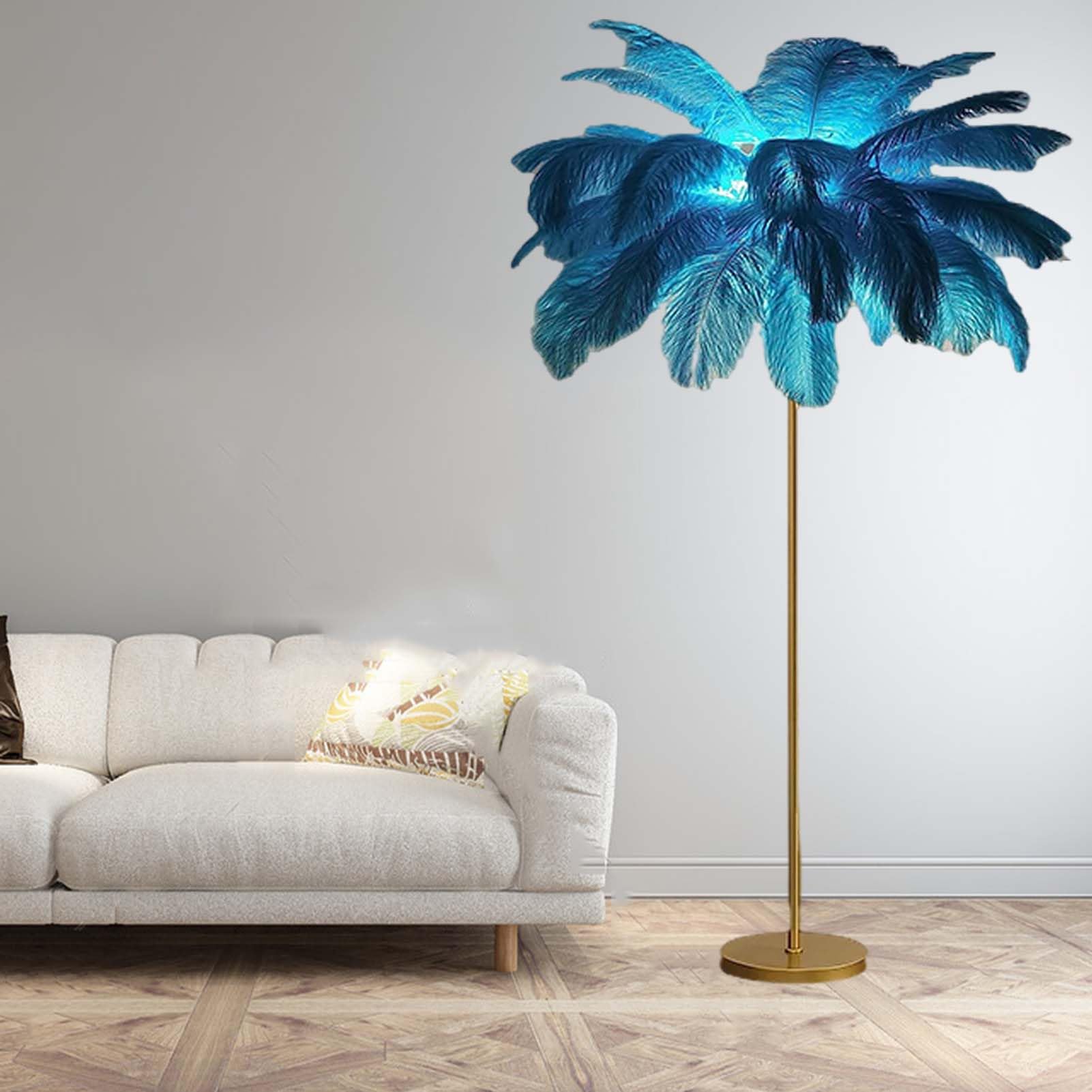 HotcoS Natural Ostrich Feather Lamp Floor,63" Feather Lamps Modern Bedroom Standing Lamp,Feather Floor Lamps Living Room Lighting for Girl Bedroom Decor (Blue)