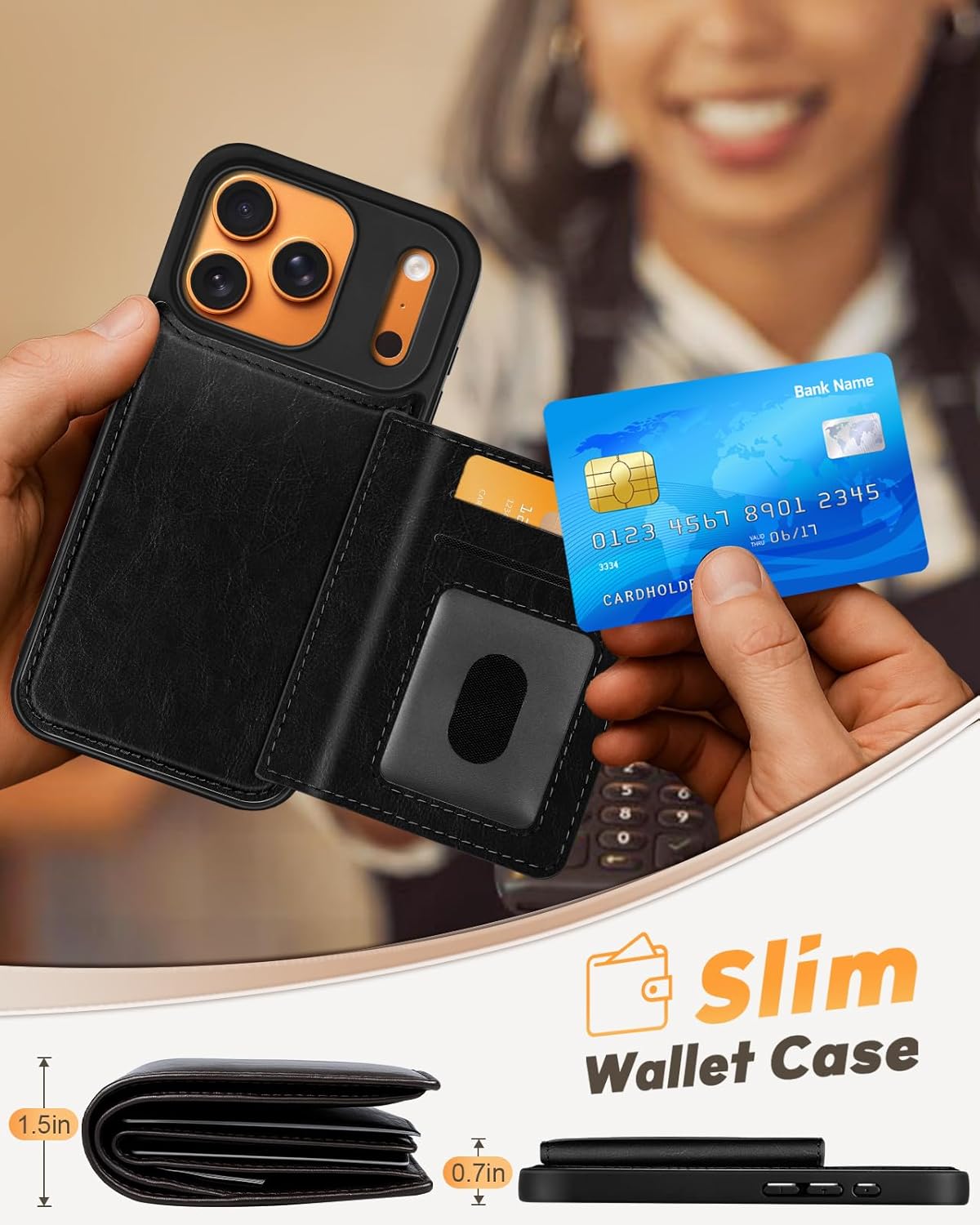 for iPhone 17 Pro Max Case with Wallet - Fits 4 Card Slots, Compatible with MagSafe for Women Men Durable PU Leather Credit Card Holder Kickstand Phone Cover for Apple 17 Promax, Black