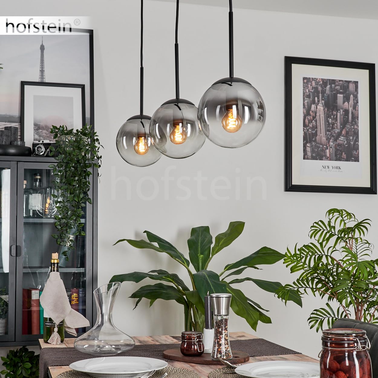 HOFSTEIN Gastor - Lámpara de techo (3 focos, metal y cristal, color negro/ahumado/transparente, moderno, diseño retro, 15 cm de diámetro, E14, para comedor, cocina, salón