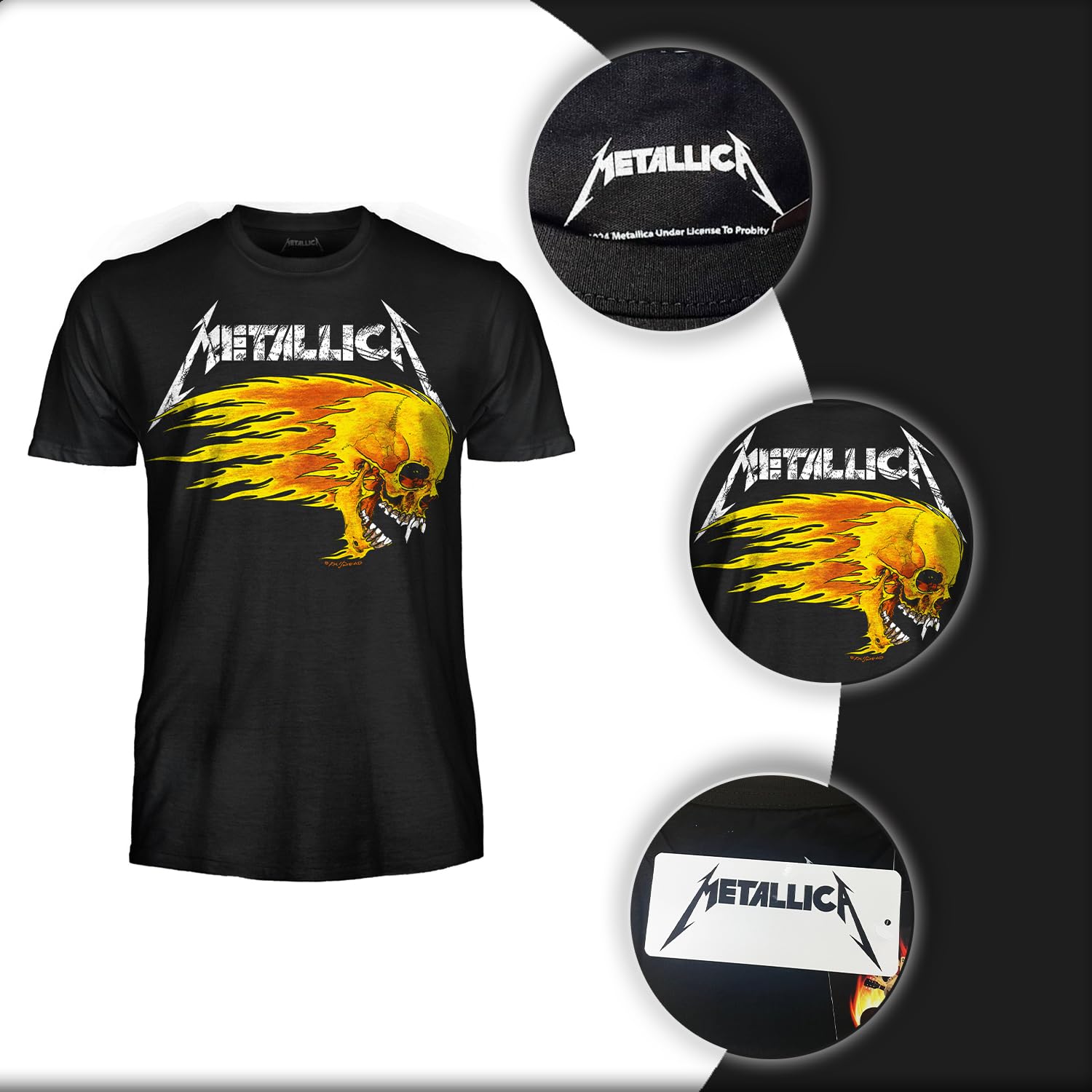 Metallica T-Shirt Pushead Flaming Skull. Maglietta Rock Ufficiale. Band Heavy Metal. Maglia Unisex Adulto Ragazzo.