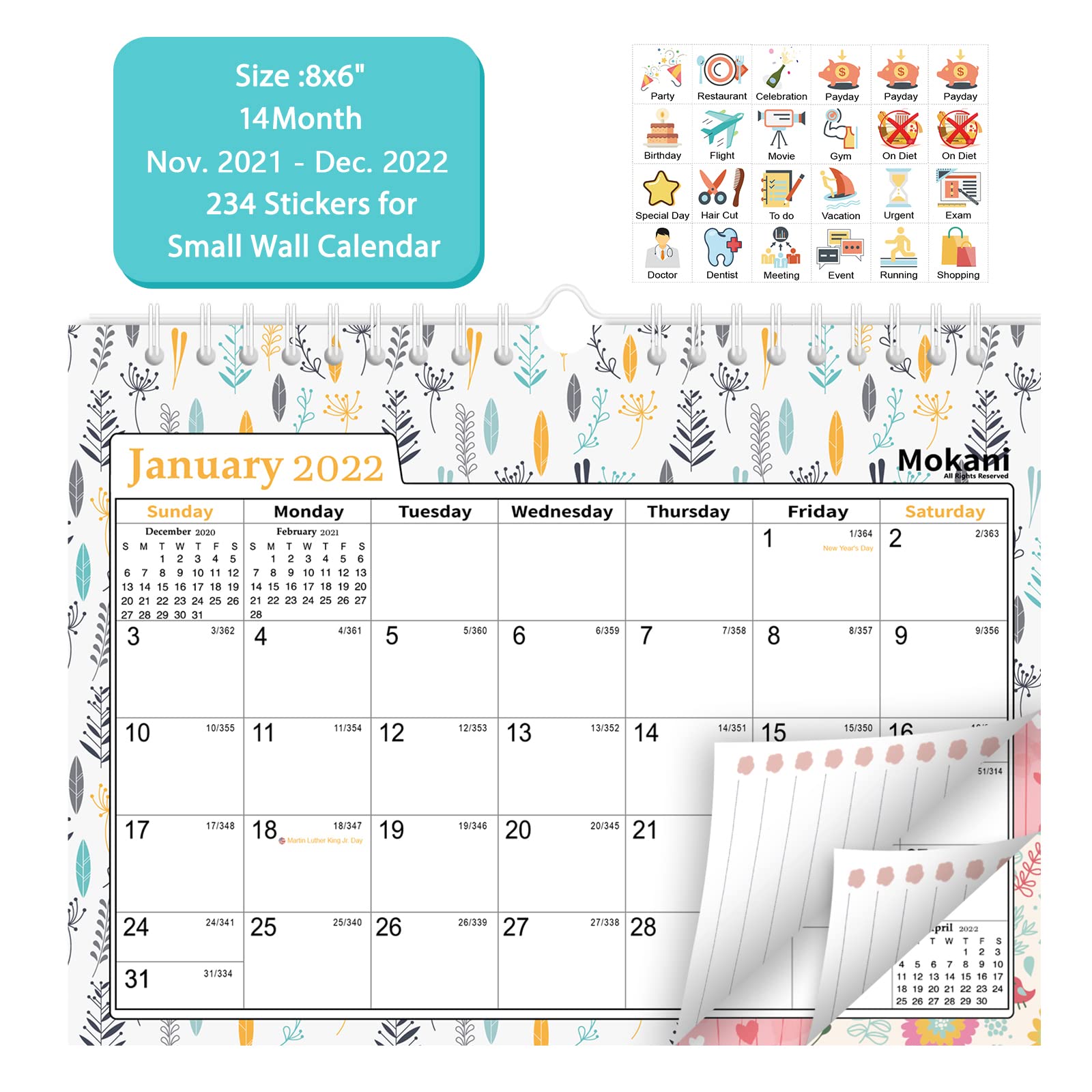 Mokani Wall Calendar 2022-2023, Mini Monthly Wall Calendar, Portable Flip Calendar, Academic Year Desktop Pad Calendar with Planner Stickers(8x6")