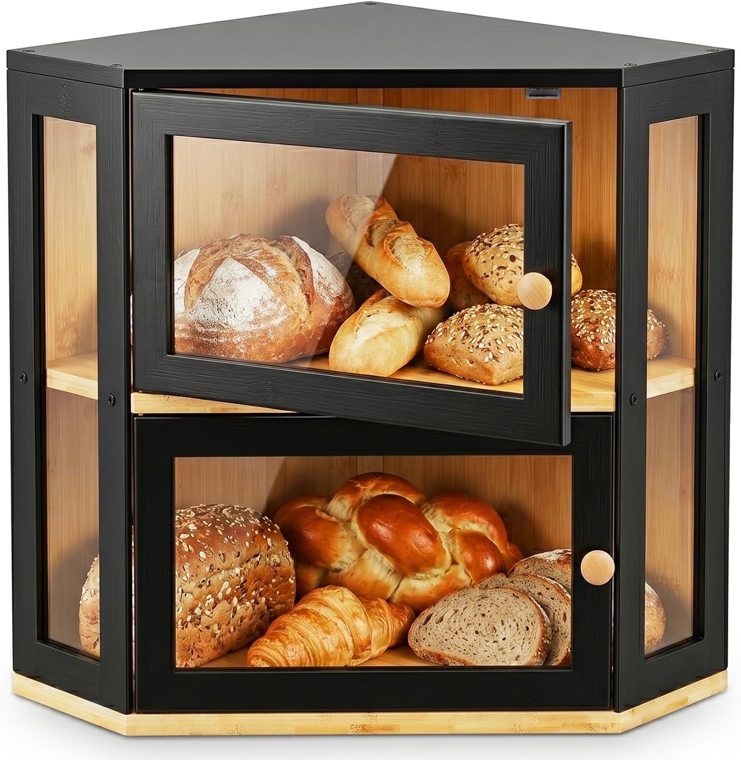 Black Corner Bread Box for Kitchen Countertop,Large Bread box | 2 Tier Bamboo Wood Corner Bread Box for Homemade Bread |Acrylic Door Panel|Kitchen Organization and Storage