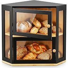 Black Corner Bread Box for Kitchen Countertop,Corner Bread Box,Large Bread box,2 Tier Bamboo Wood Bread Box Corner for Homemade Bread |Acrylic Door Panel|Kitchen Organization and Storage