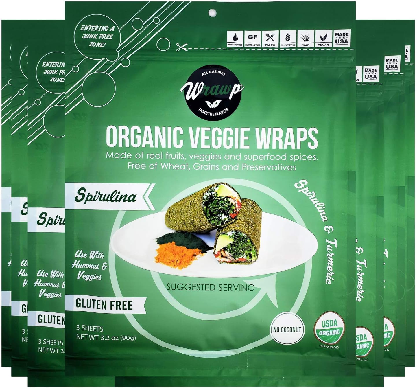 WrawP Organic Mini Veggie Wraps - SPIRULINA (8 pack) Bulk SHELF STABLE, All Natural, Gluten Free, Paleo, Raw Vegan. Perfect for Wraps, flat bread, snack, chipsUSDA Organic