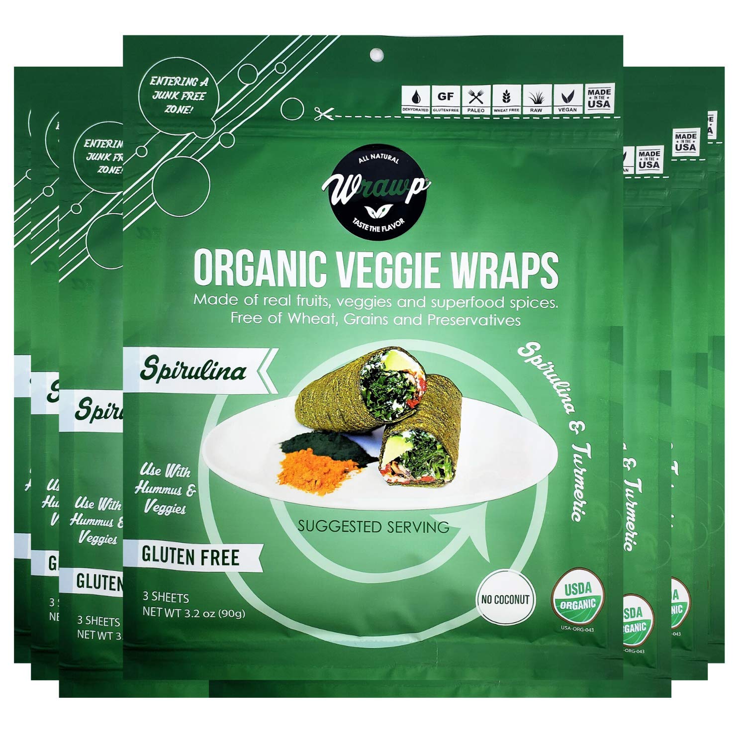 WrawP Organic Mini Veggie Wraps - SPIRULINA (8 pack) Bulk SHELF STABLE, All Natural, Gluten Free, Paleo, Raw Vegan. Perfect for Wraps, flat bread, snack, chipsUSDA Organic