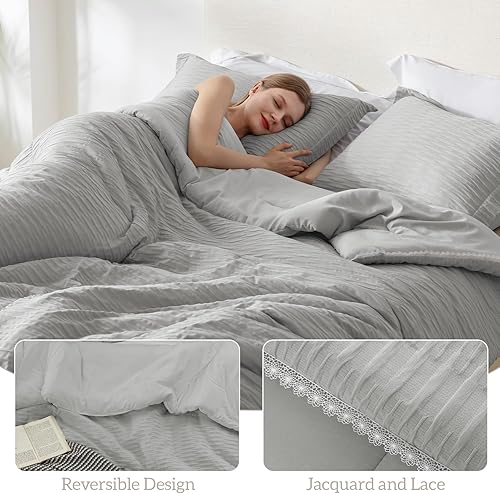 Miniatura 3 de Homelike Moment Juego de edredón bohemio tamaño individual, color gris claro, 2 piezas, ligero, cálido, jacquard, juego de edredón para todas las