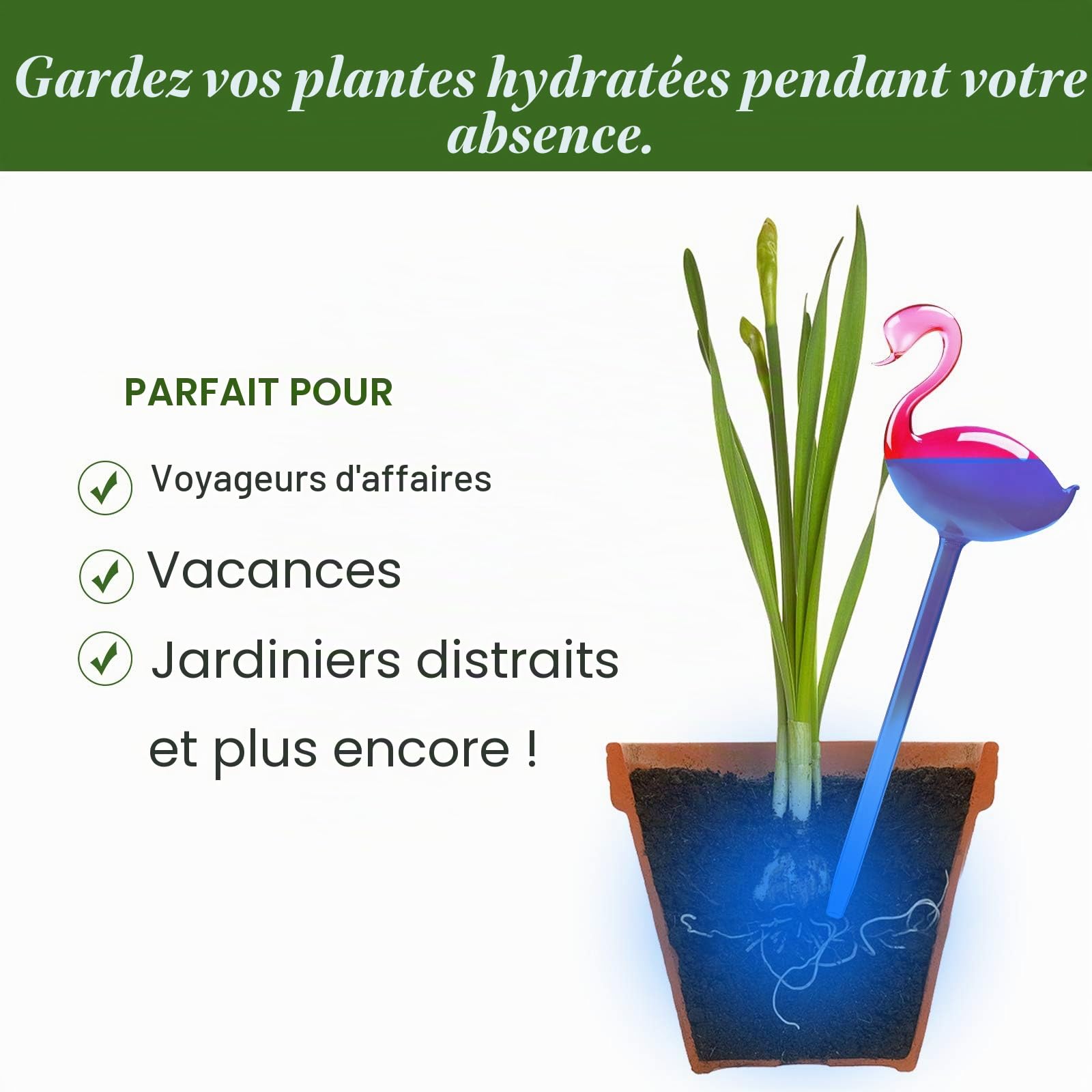 NiHome Flamingo Lot de 2 bulbes d'arrosage Automatique 25,4 cm de Long dégradé Rose Vif en Verre soufflé à la Main pour la Maison l'intérieur ou l'extérieur système d'irrigation Automatique