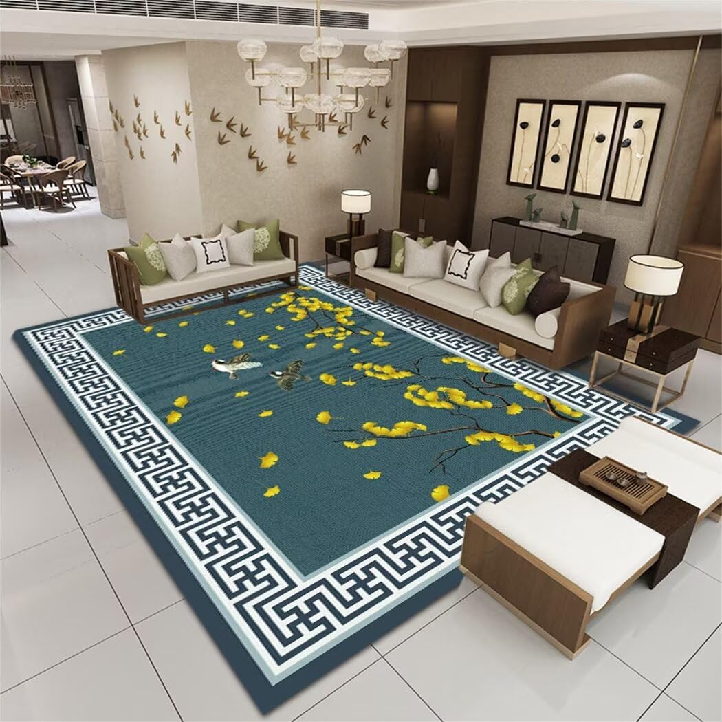 Grand tapis de salon oriental vert motif fleurs jaunes lavable 90x120