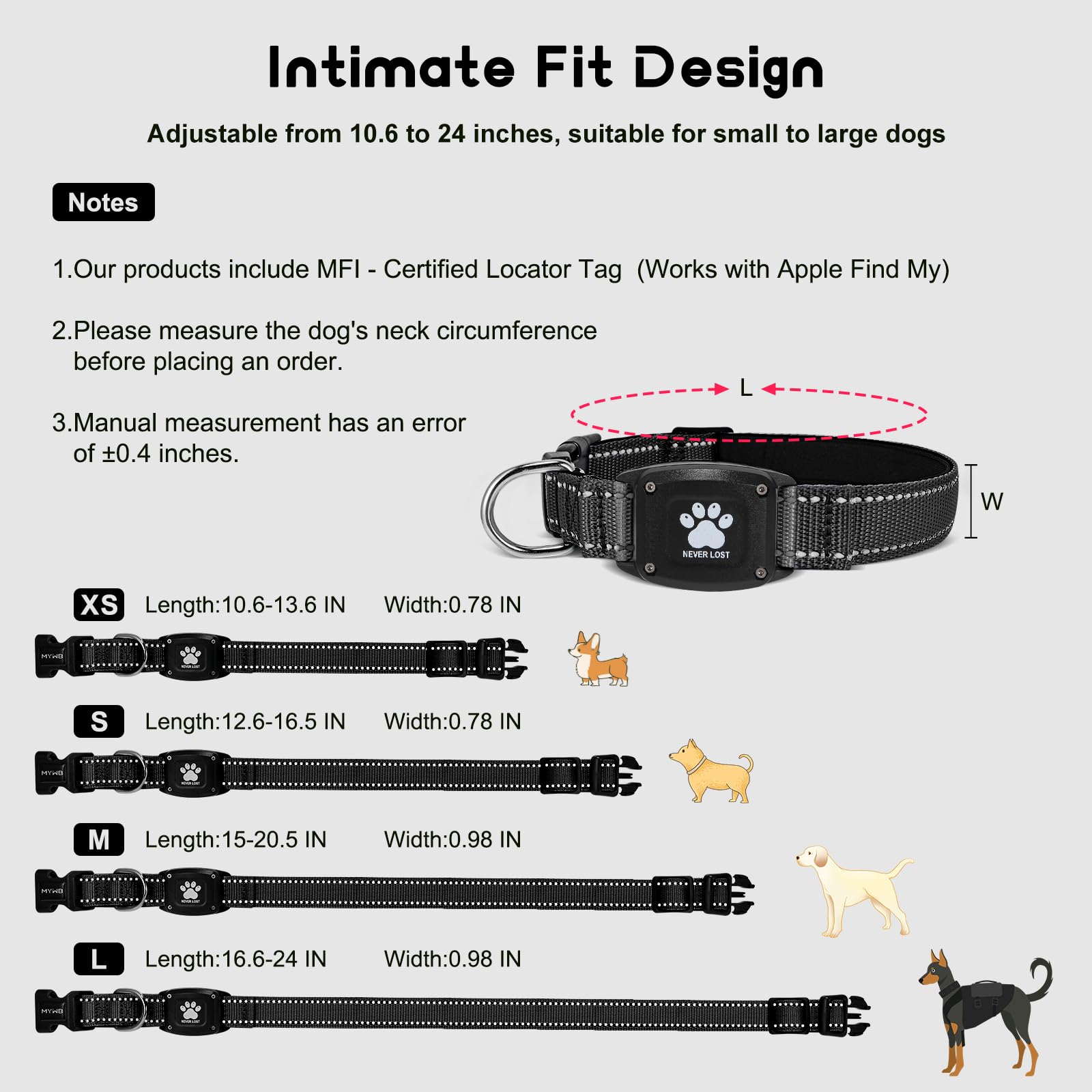 Myiwb GPS Dog Collar Tracker 2-in-1,Reflective Waterproof Pet Collar,iOS-Only,No Monthly Fees,Unlimited Range,Ideal for Dog Tracking pet Tracker,for SmallDogs(S (12.6"-16.5" Width:0.98"), Black) - image 5