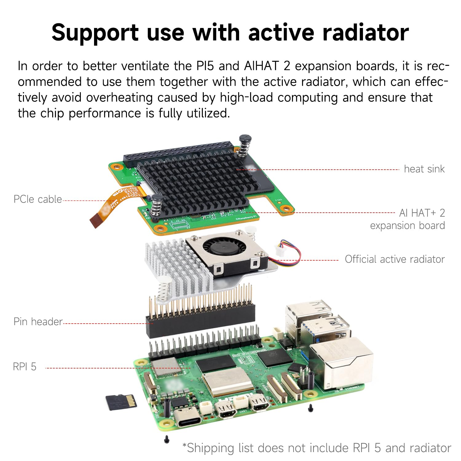 Yahboom Zestaw oficjalny Raspberry Pi 5 HAT+2 Płyta rozszerzeń Moduł akceleracyjny dla sztucznej inteligencji generatywnej Hailo-10H PCIe 8GB, 40 Tops, z standardowym radiatorem, kompatybilny tylko z