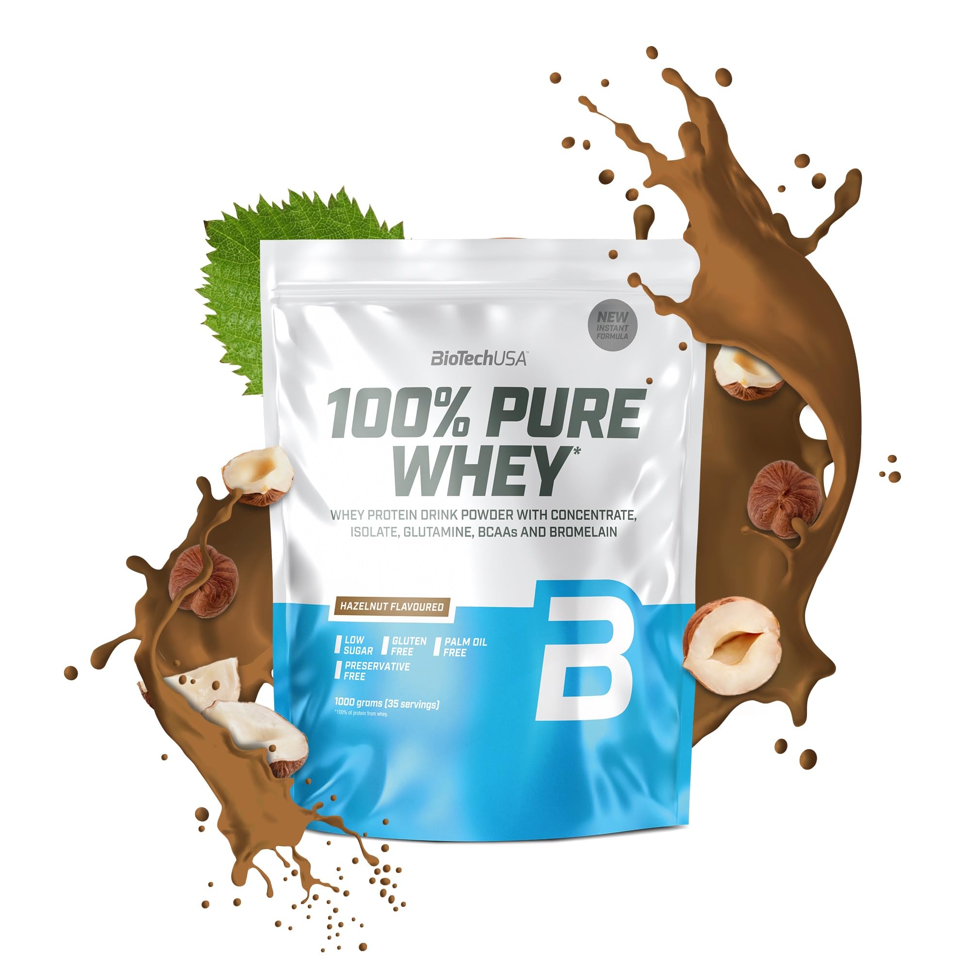 BioTechUSA 100% Pure Whey | Protein Powder with BCAA and Glutamine | Gluten-Free, Palm Oil Free | 21g Protein per Serving, 1 kg, Hazelnut