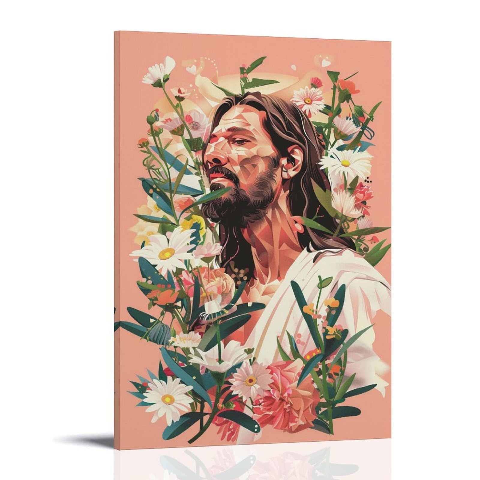 JUWRHRHHRH Floral Jesus Christ Pastel 01 Poster Canvas Aesthetic Wall Art Painting Decor for Living Room Bed Room 12x18inch Frame-style