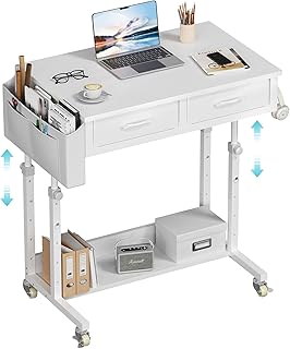 Small White Portable Rolling Standing Desk with Drawers, 32 Inch Adjustable Mobile Stand up Teacher Desks with Wheels, Couch Sofa Side Laptop Table with Storage for Bedroom Home Office