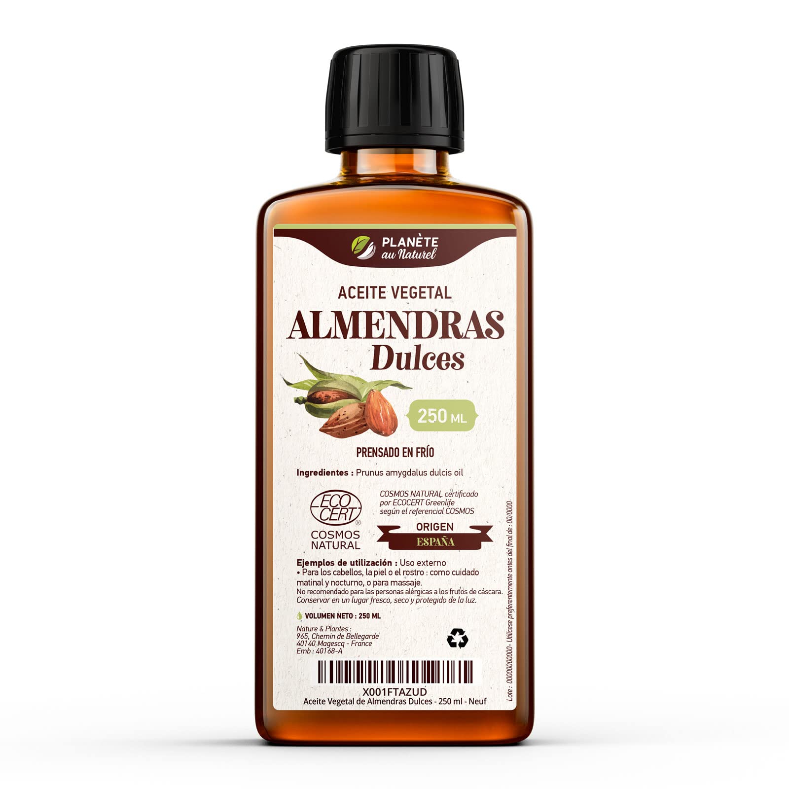Aceite Vegetal de Almendras Dulces 250 ml - 100% Puro, Natural y Prensado en Frío - Certificado Cosmos Natural