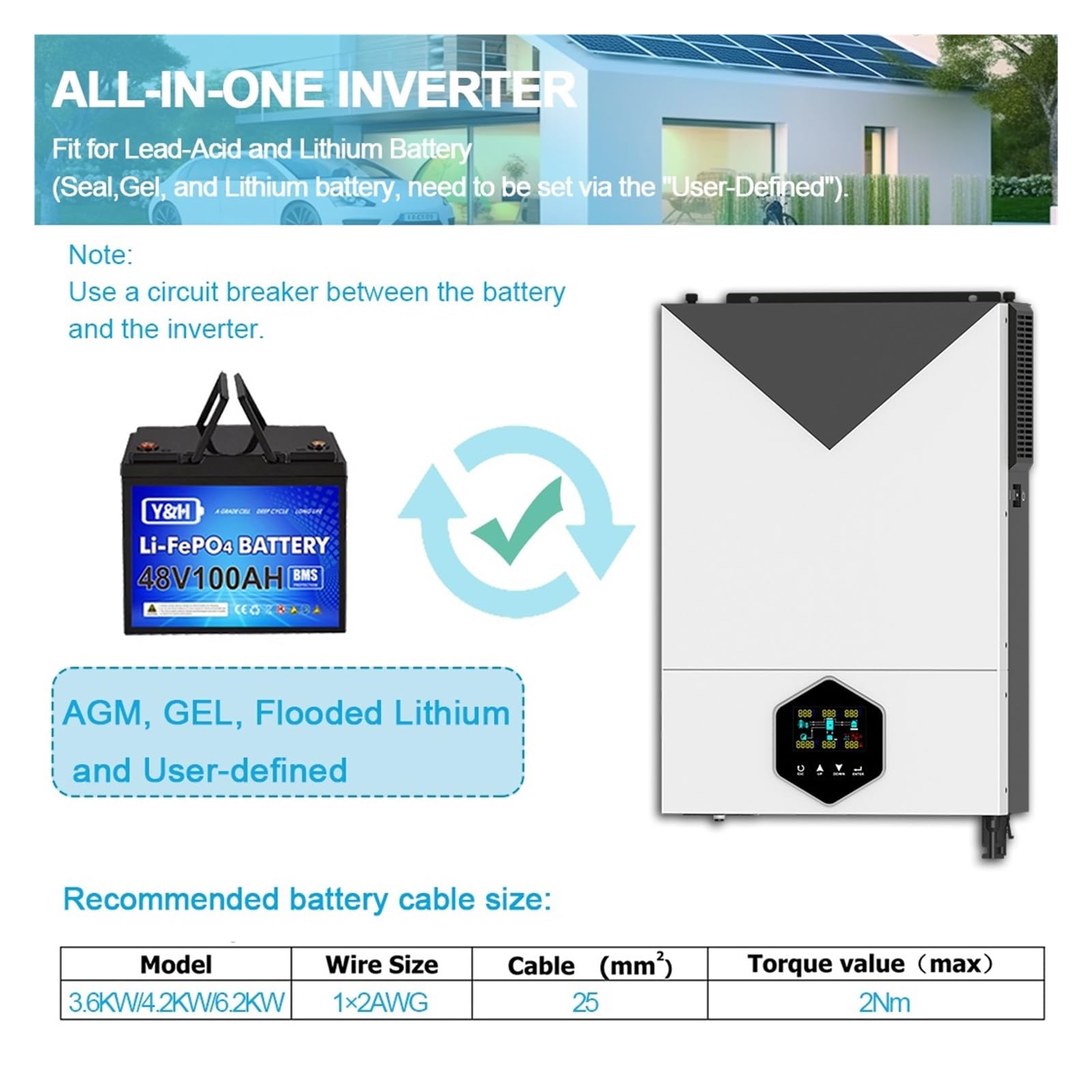 6.2KW On/Off Grid Inversor Híbrido Solar 48VDC MPPT 120A Cargador MAX PV Power 6500W Entrada con Comunicación WiFi Amplia AplicacióN(MPPT-6.2KW)