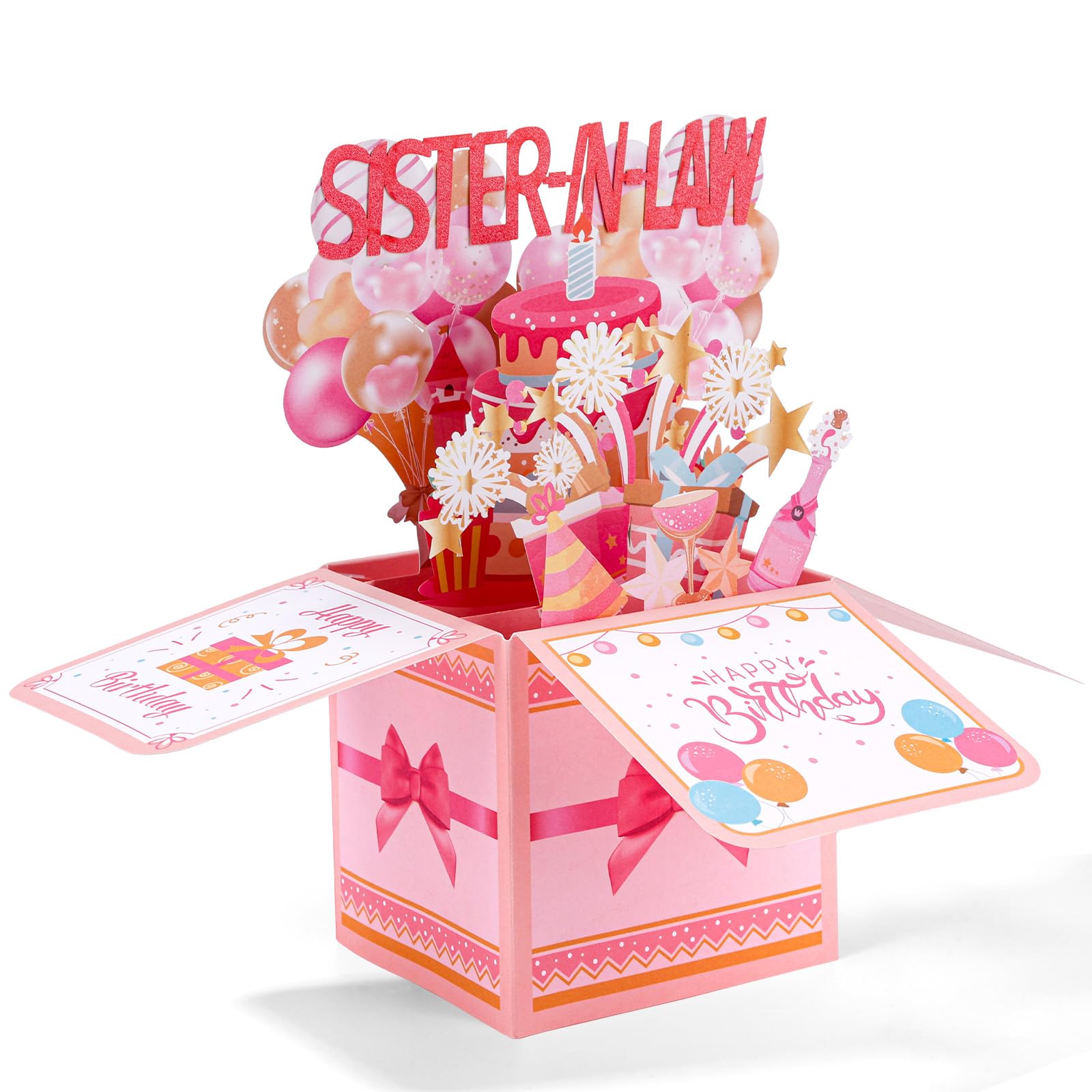 lasuroa Birthday Pop Up Card for Sister in Law, Colorful Balloon & Firework Design Personalized 3D Birthday Greeting Card with Envelope for Party Decoration Keepsake