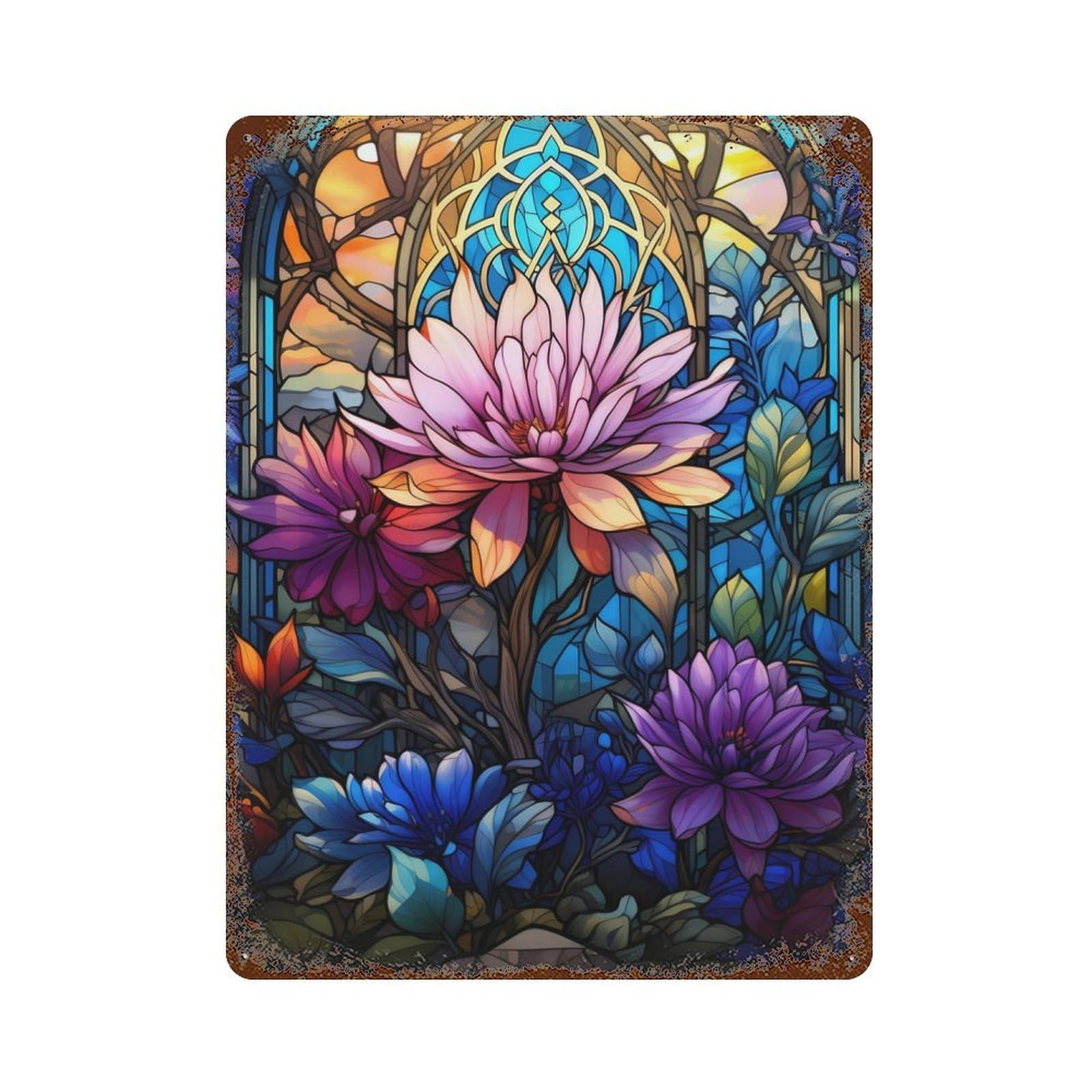 Retro Metal Sign with Nature Stained Glass Design 15.7"x11.8", for Bistro, Counter And Cafe Decor, Shabby Chic Decor
