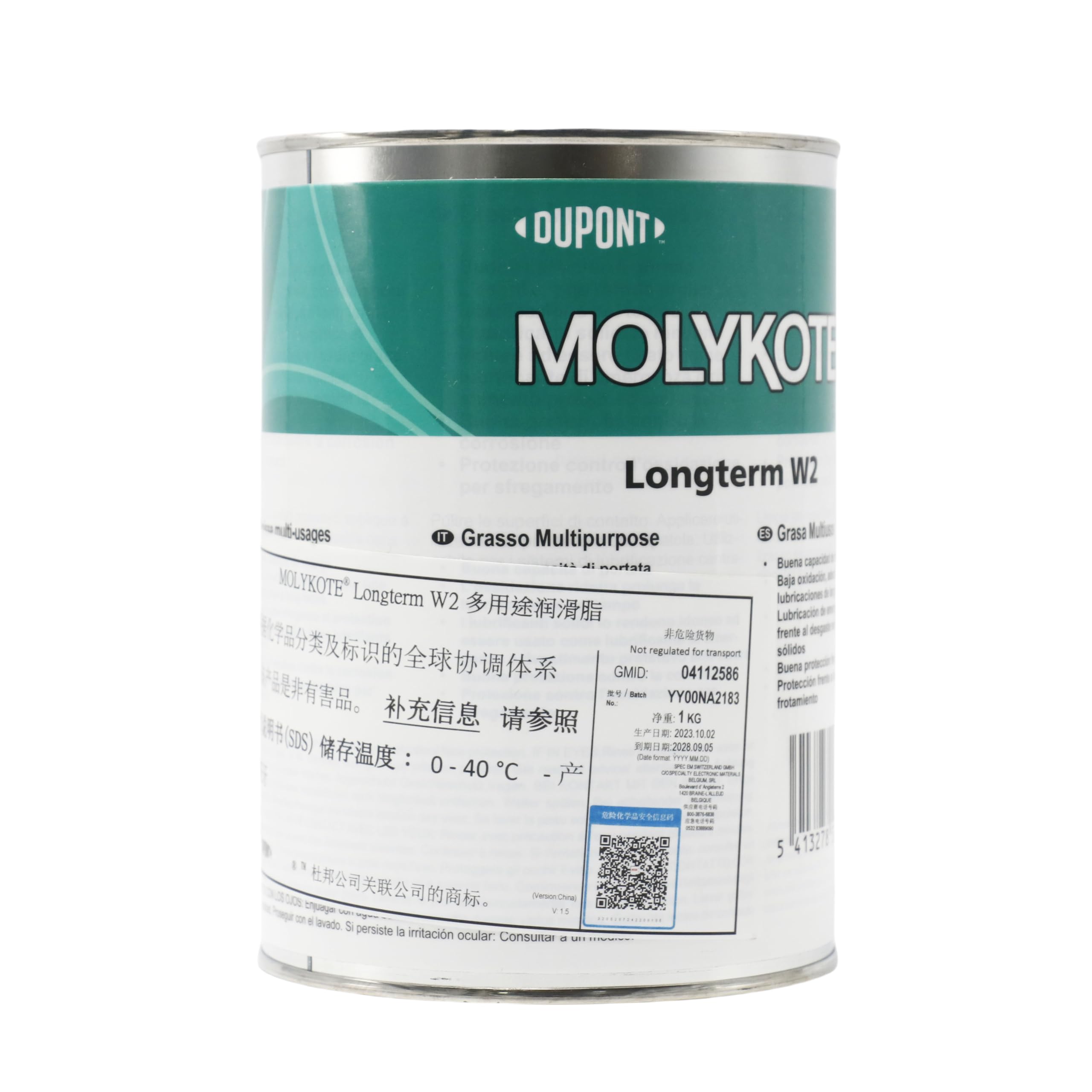 Molykote Longterm W2 High Performance Grease 1 kg di grasso lubrificante bianco, multiuso per combinazioni metalliche, cuscinetti macchine, movimento lento e veloce, carico medio, classe NLGI