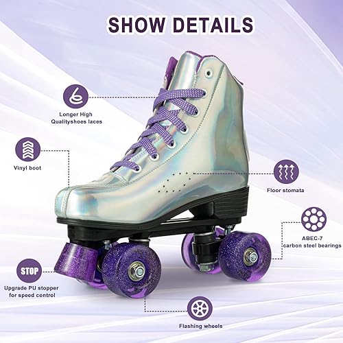 Miniatura 3 de XUDREZ Patines holográficos de piel sintética para mujer, patines holográficos de doble fila, cuatro ruedas brillantes para mujeres, hombres, niños