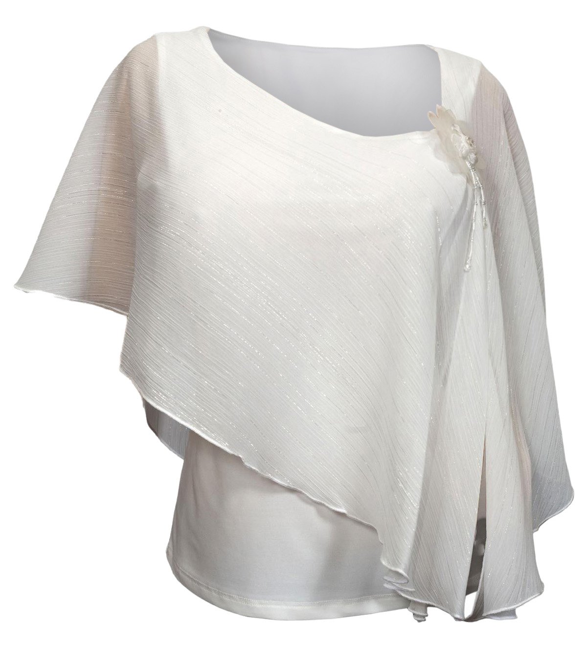 eVogues Plus Size Sheer Layered Glitter Poncho Top White