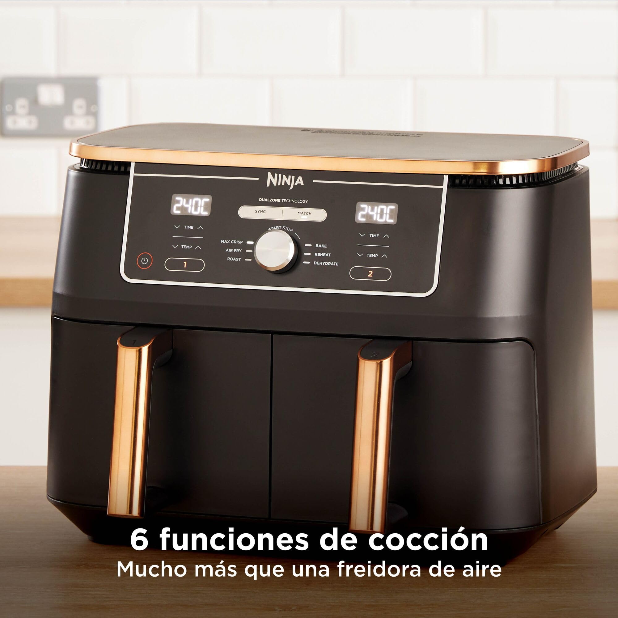 Ninja Foodi MAX Freidora de aire con compartimento doble, 9,6 l, 6 en 1, no usa aceite, Max Crisp, Asar, Hornear y más, pinzas, 8 porciones, cestas antiadherentes, en cobre y negro, AF400EUCP