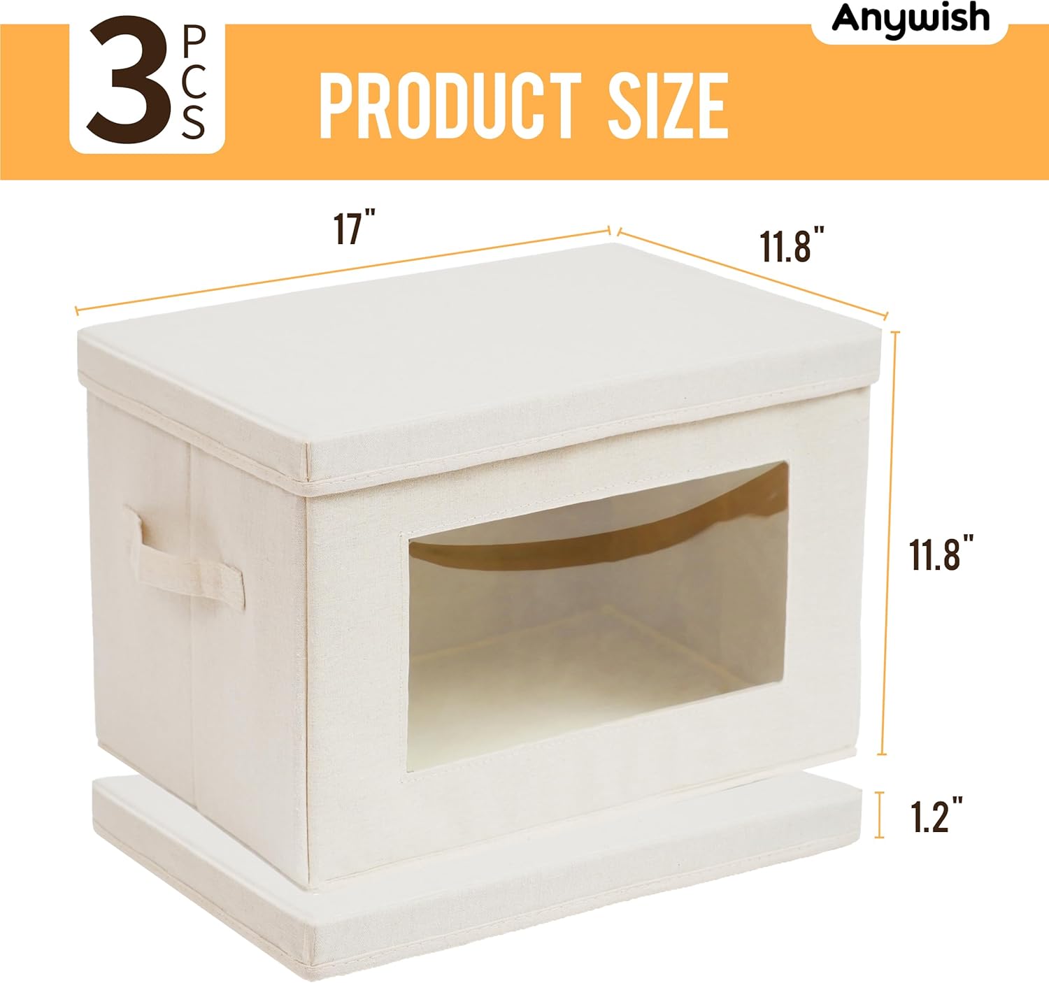 3-Pack Storage Bins with Lids, Fabric Foldable Storage Bins with Soft Cord Handles, Canvas Storage Bin with Lid for Organizing Clothes, Blankets and Books, Beige