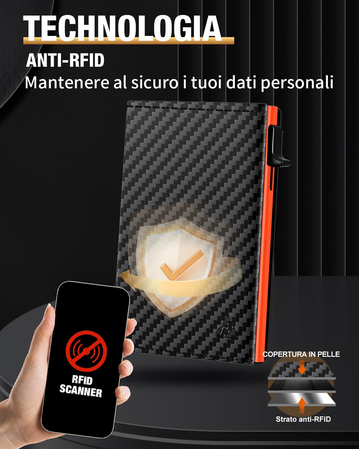 Porta Carte di Credito Uomo Piccolo, Portafoglio Uomo Slim con Chiusura Magnetica e Finestra ID, Portacarte in Pelle pop-up per 11 carte, Porta Tessere con Portamonete e Banconote, Nero e Arancione