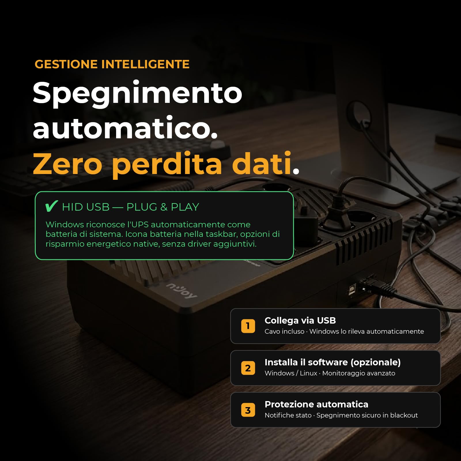 NJOY Token 800 UPS Gruppo di Continuità 800VA 480W | 8 Prese Schuko | Tecnologia Line Interactive AVR | Caricatore USB 2.1A | Display LCD | Software PC Incluso | Protezione Blackout per PC Router NAS