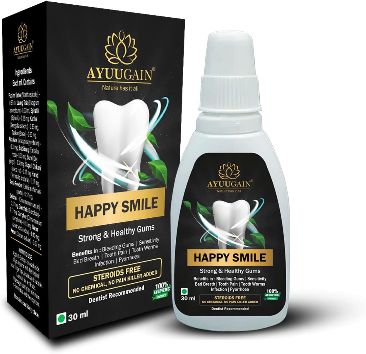 AYUUGAIN Happy Smile Gum Paint Herbal for Bleeding Gums, Bad Breath, Toothache, Strong Teeth, Sensitivity & Gum Pain Relief with Clove, Pudina Satva