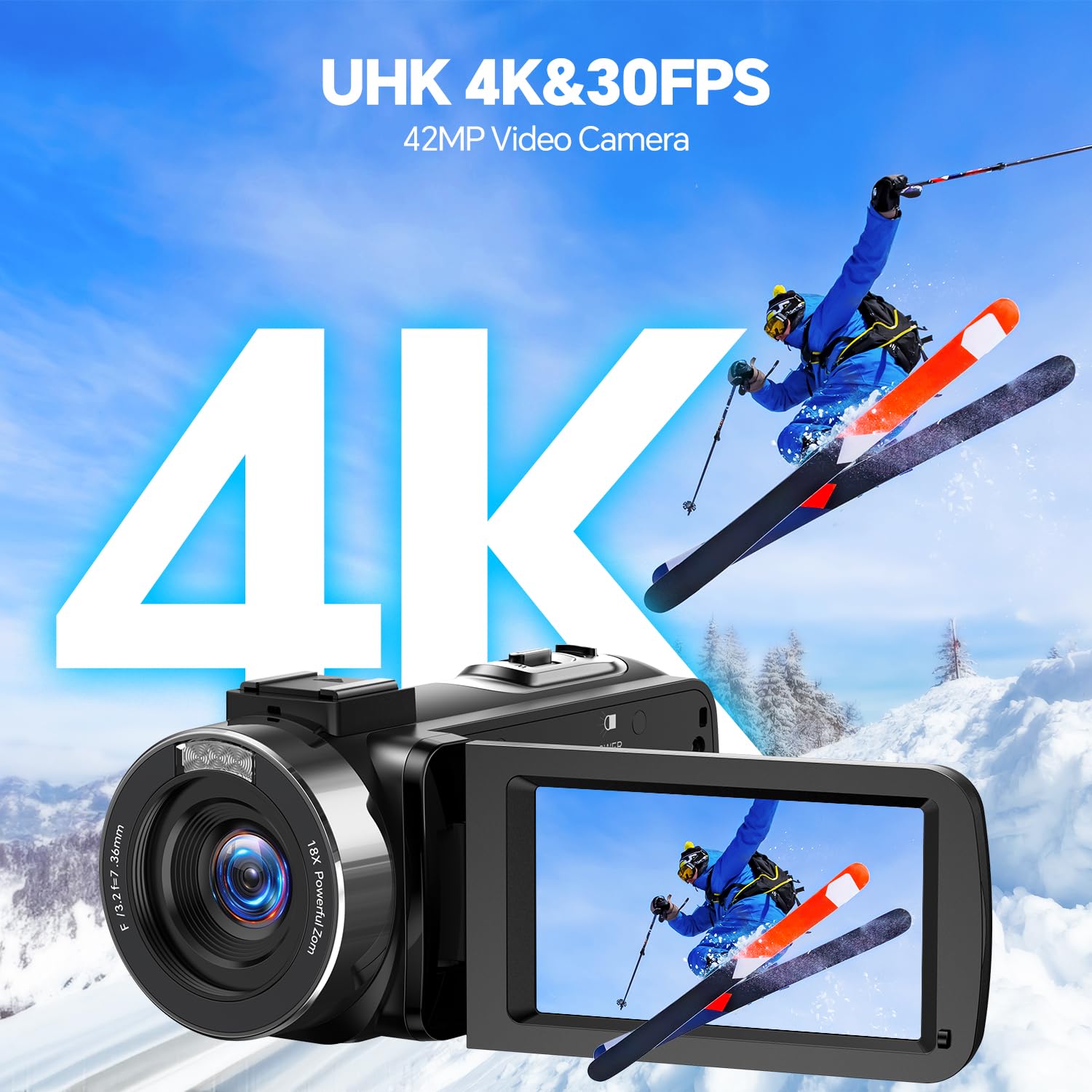 Caméscope 4K 42MP avec Zoom 18x Écran Rotatif 3 Pouces 270° Lumière LED Fonction Webcam 2 Batteries Carte SD 32GB Télécommande